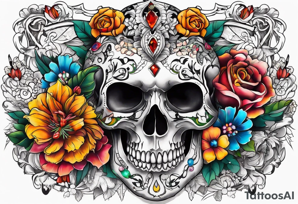 Floral chest piece with animal skull and gems tattoo idea