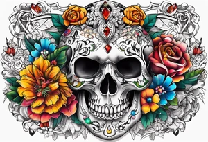 Floral chest piece with animal skull and gems tattoo idea