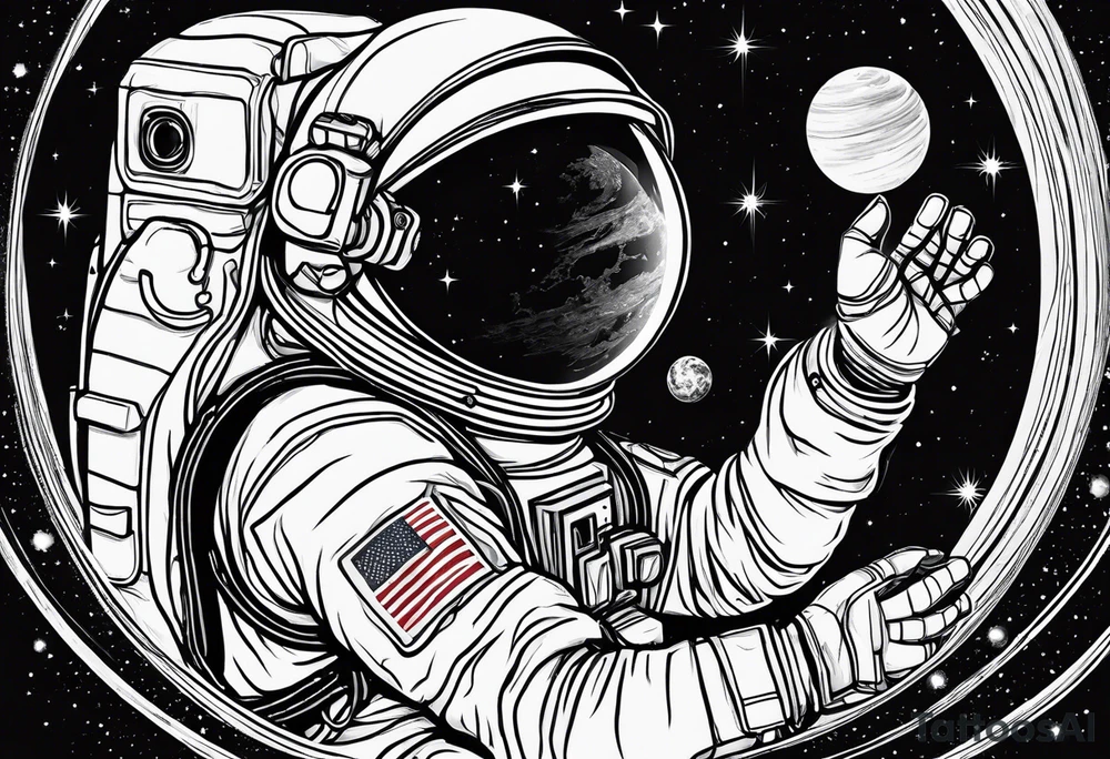 an astronaut hunched over in space from the back holding a planet in his hands tattoo idea