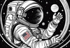 an astronaut hunched over in space from the back holding a planet in his hands tattoo idea