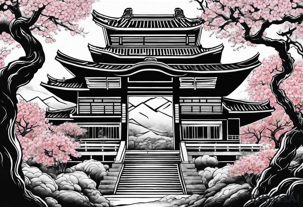 japanese evil spirit with japan and cherry blossom trees in the background. make it scary tattoo idea