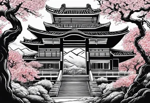 japanese evil spirit with japan and cherry blossom trees in the background. make it scary tattoo idea