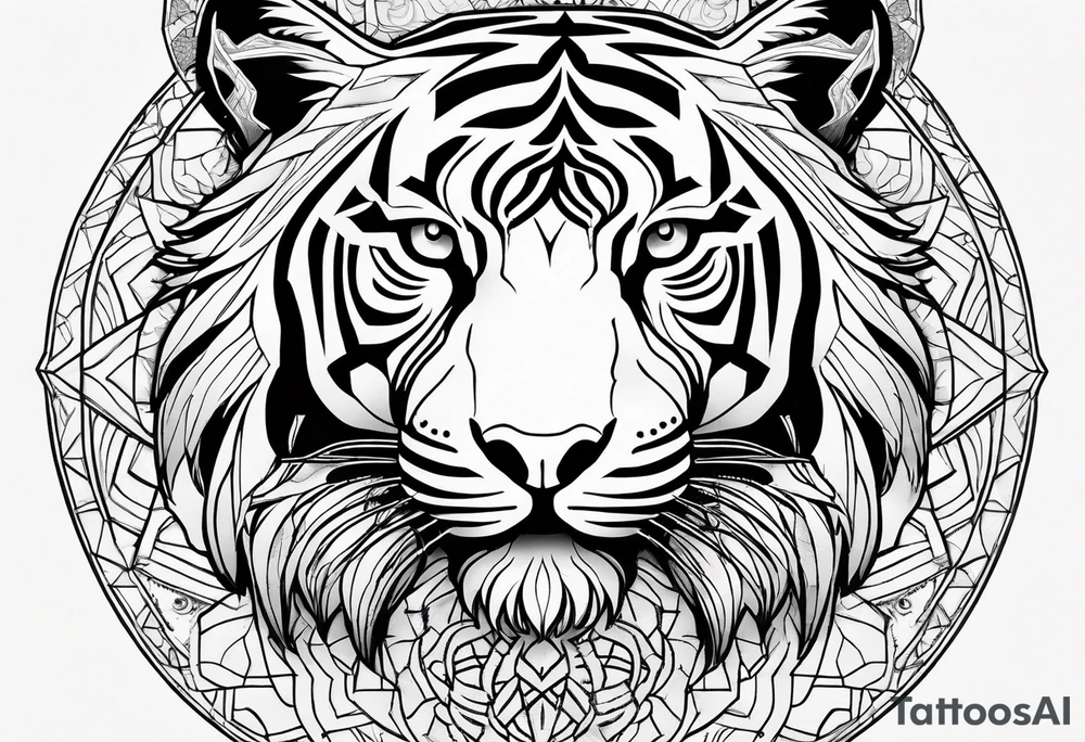 Tiger silhouette with sacred geometry and shapes. Tree of Life growing through the tiger tattoo idea