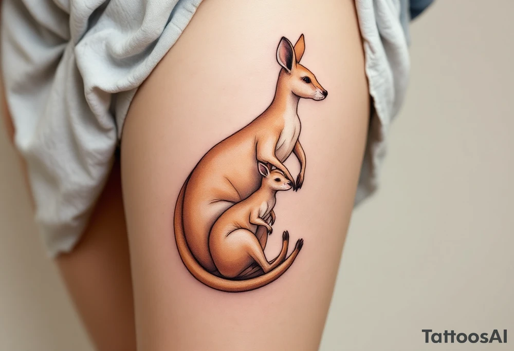 A kangaroo in warm beige carrying her joey in her pouch illustrates safety, nurturing, and constant closeness. tattoo idea