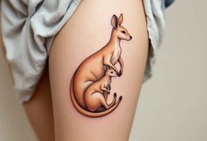 A kangaroo in warm beige carrying her joey in her pouch illustrates safety, nurturing, and constant closeness. tattoo idea
