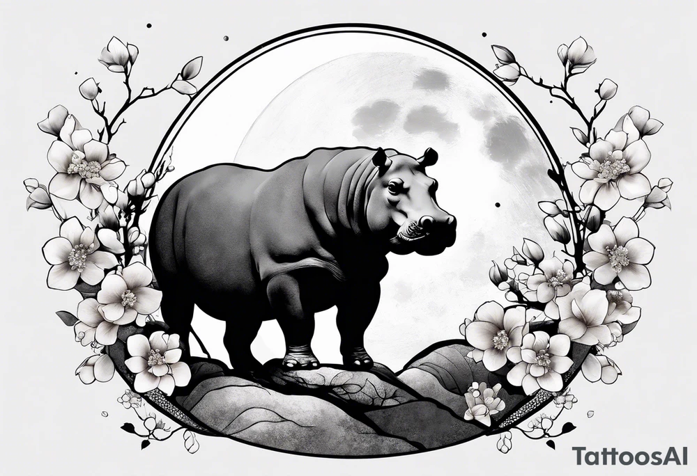 Asymmetrical, geometric, chinese ink art touch, hippo , full moon, wintersweet flower, light , modify from my favourite, ratio 9:16 tattoo idea