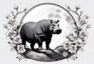 Asymmetrical, geometric, chinese ink art touch, hippo , full moon, wintersweet flower, light , modify from my favourite, ratio 9:16 tattoo idea