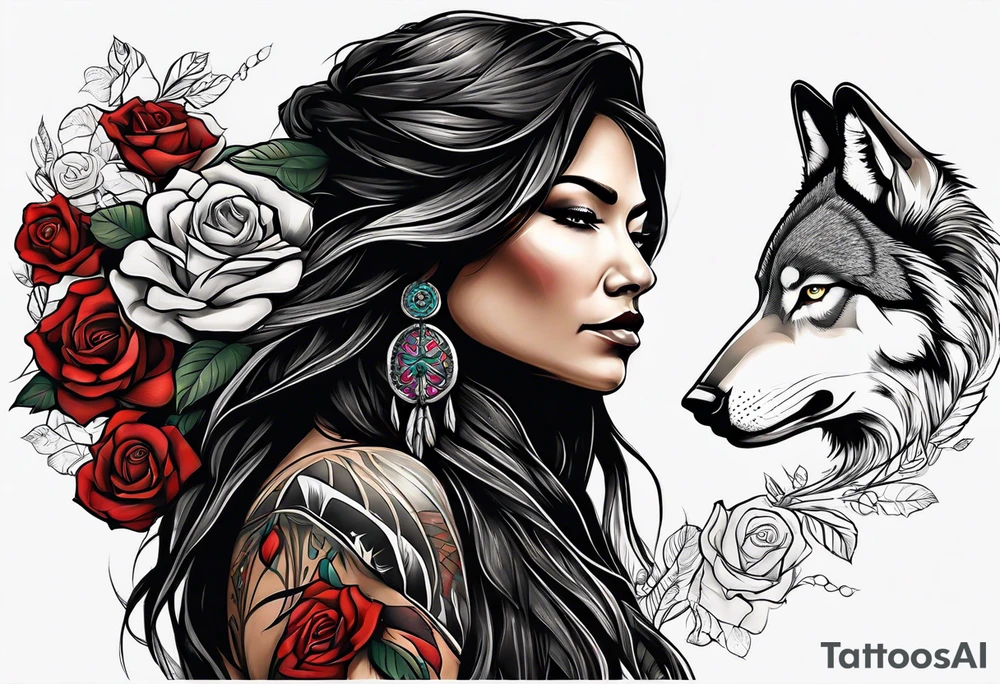 Native American woman wrapped in roses with a wolf pelt tattoo idea
