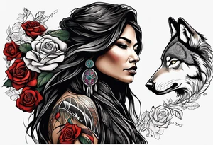 Native American woman wrapped in roses with a wolf pelt tattoo idea