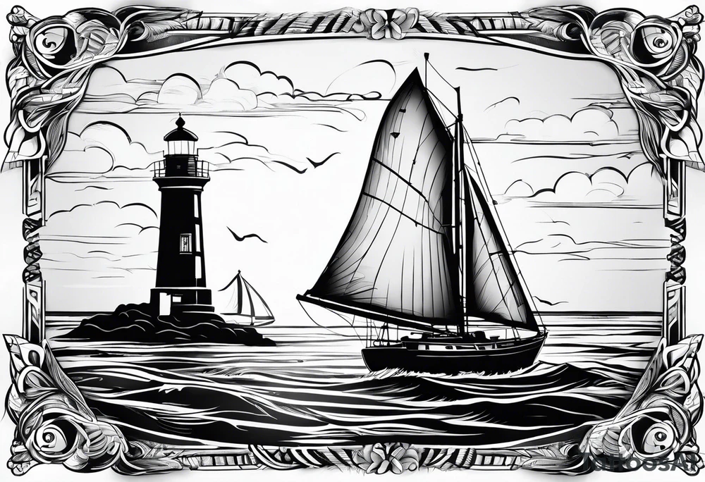 voilier vue de face. phare maritime dans le voilier servant de mat pour les voiles. tattoo idea