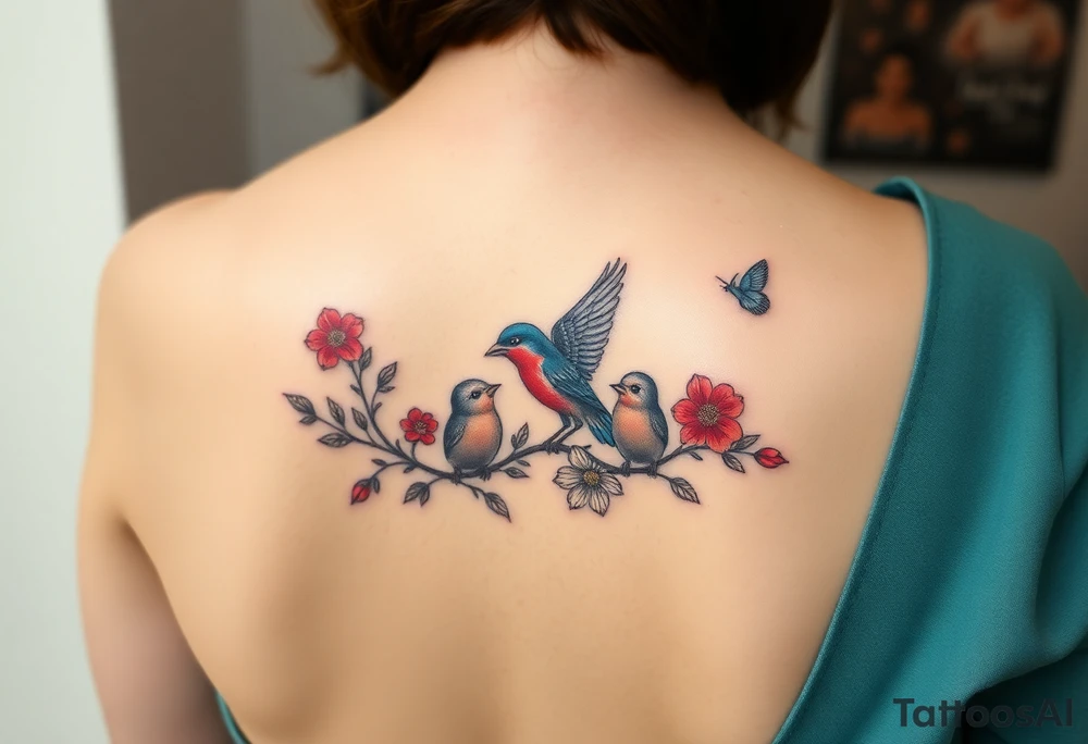 Mom bird and three baby birds with flowers tattoo idea