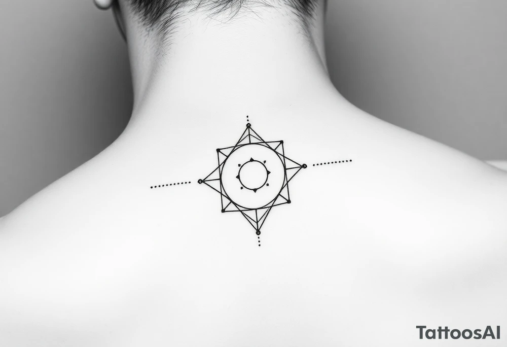 Create a tattoo design sketch for a 35-year-old man incorporating the concepts of love, faith, balance, eternity, infinite. The design should follow a minimalist and masculine style, utilizing fine-dot detailing (dotwork) with abstract and symbolic representations of these themes. It should feature clean lines and sacred geometry influences, creating an elegant and timeless aesthetic. The tattoo should emphasize harmony and personal growth, avoiding excessive complexity while maintaining deep symbolism. Suitable placement: the neck. The final design should be subtle yet powerful, aligning with the intended themes in a refined and meaningful way. tattoo idea