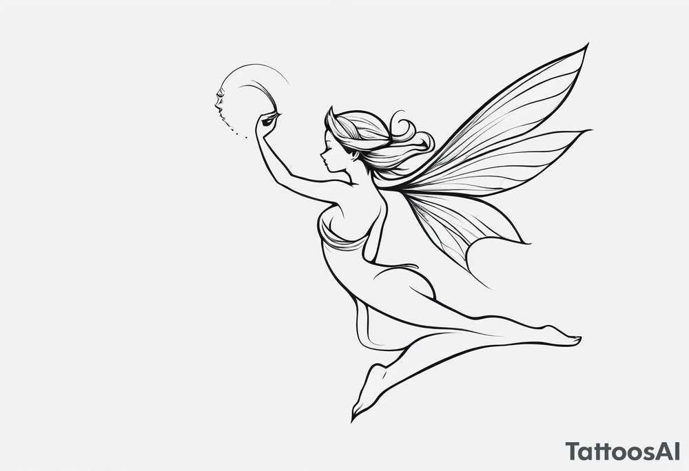 Minimalistic, monochromatic fairy with a tail flying to the left in a fetal position, leaning and looking in the same direction, with visible hands, embodying the 'Fairy Tail' logo aesthetic. tattoo idea