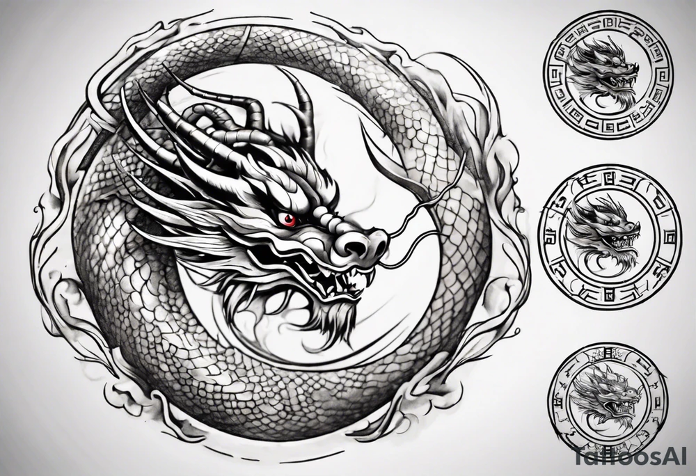 Chinese dragon in a circular shape with "02.03" written on its skin tattoo idea