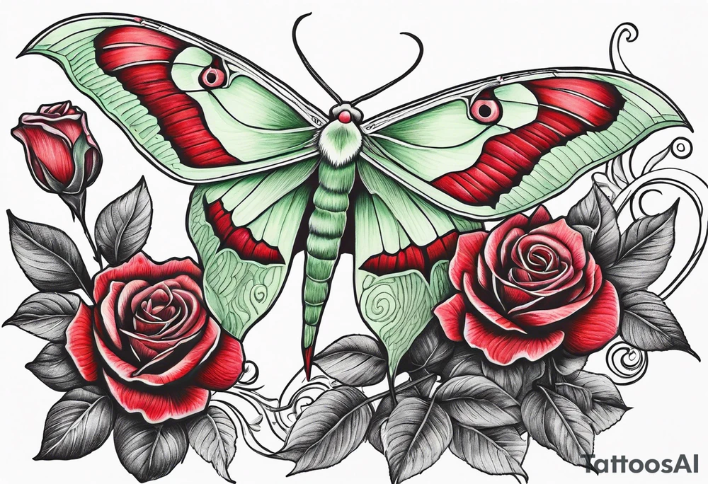 Luna moth with long tail 
three red roses behind and around the Luna 
moth tattoo idea