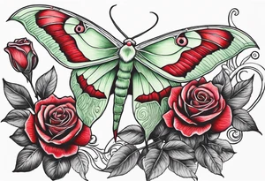 Luna moth with long tail 
three red roses behind and around the Luna 
moth tattoo idea