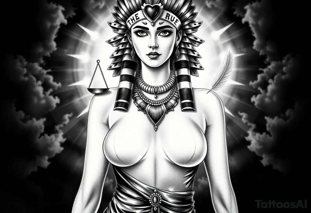 Beautiful Egyptian goddess with a curvy body and breasts covered by a slim dress. She is wearing an ostrich feather headdress, and intricate ancient Egyptian jewelry the Anhk necklace. Background includes something similar to heaven. Incorporate the Scales of Justice—one side holding a heart, the other Ma’at’s feather—glowing with ethereal energy. Emphasize dramatic lighting, deep shadows, and surreal, mystical atmosphere tattoo idea