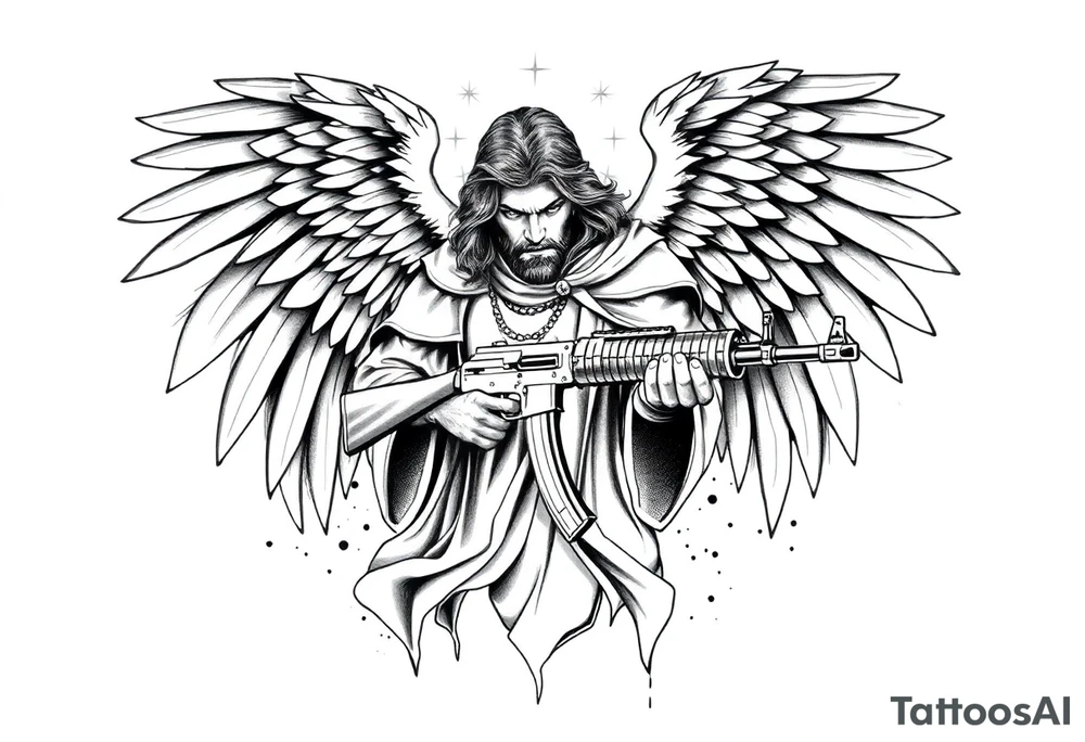 This black and grey tattoo sketch should depict Archangel Michael in a blend of realism and graphic art styles on a white background. The archangel is portrayed as a powerful, solemn warrior with large, detailed wings and flowing robes, creating a sense of movement and divine presence.

A striking element is the AK-47 assault rifle in his hands, merging sacred imagery with modern weaponry. The rifle should be detailed yet slightly stylized to maintain a balance between realism and bold graphic lines.

The focus remains entirely on Archangel Michael and his weapon, with no background elements. However, subtle ink splatters, dripping effects, or rough shading can add depth and intensity to the composition.

The shading technique should mix smooth gradients for realism with sharp, defined lines to create contrast and a strong visual impact. The final design should feel bold, dramatic, and symbolic, representing a divine warrior with a contemporary edge, embodying strength, protection, and justice. tattoo idea