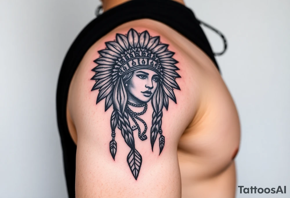 Native American girl with headdress the sun and arrowhead tattoo idea