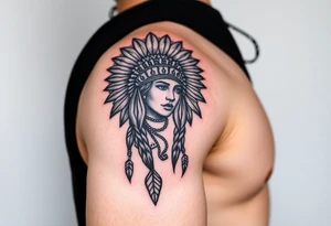 Native American girl with headdress the sun and arrowhead tattoo idea
