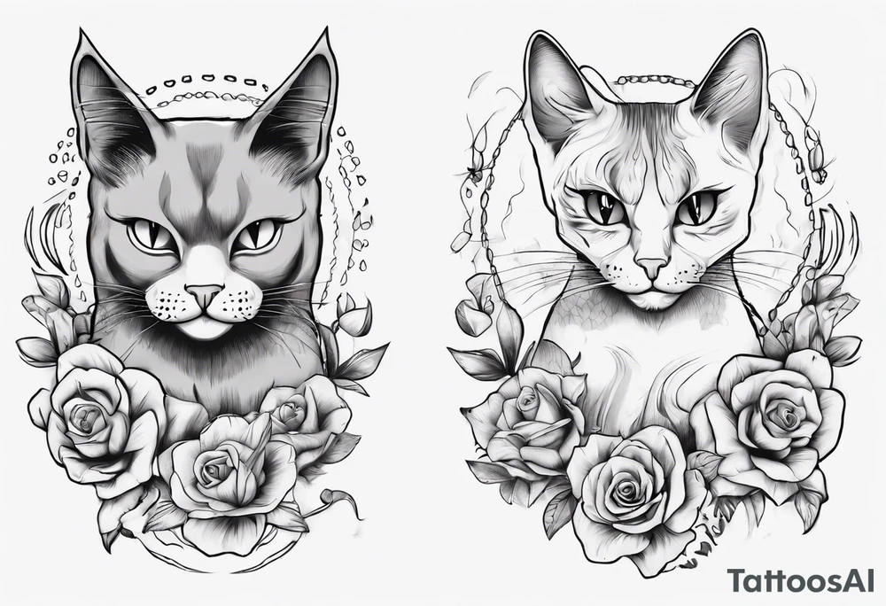 Maine coon cat and a grey cat with extra toes playing together tattoo idea