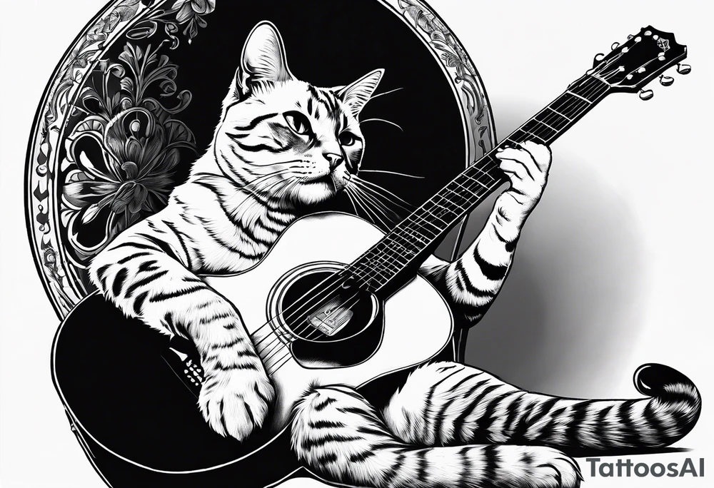 A cat playing acoustic guitar and sitting on a cajon. tattoo idea