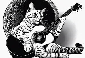 A cat playing acoustic guitar and sitting on a cajon. tattoo idea