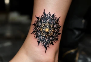 Designed in black and gold, this Celtic sun tattoo mimics an ancient coin of solar worship. tattoo idea