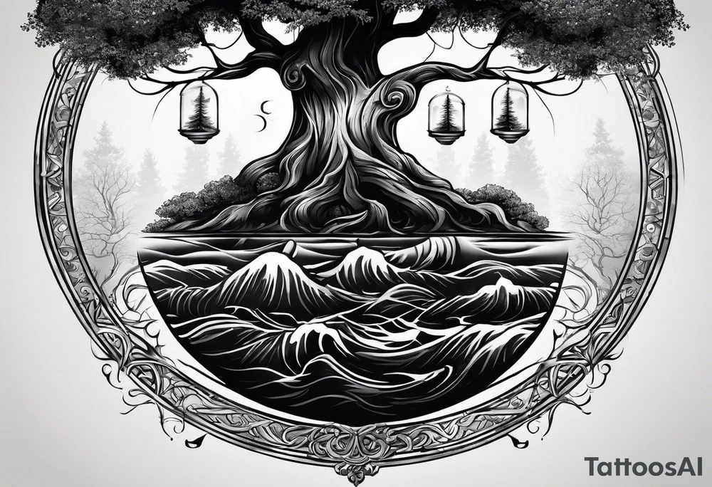tree with the roots of the tree wrapped around the a hour glass
the hour glass is below the tree tattoo idea