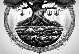 tree with the roots of the tree wrapped around the a hour glass
the hour glass is below the tree tattoo idea