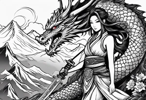 beautiful warrior fairy holding a sword and a dragon and the background will be mountains, clouds, and a Japanese building tattoo idea