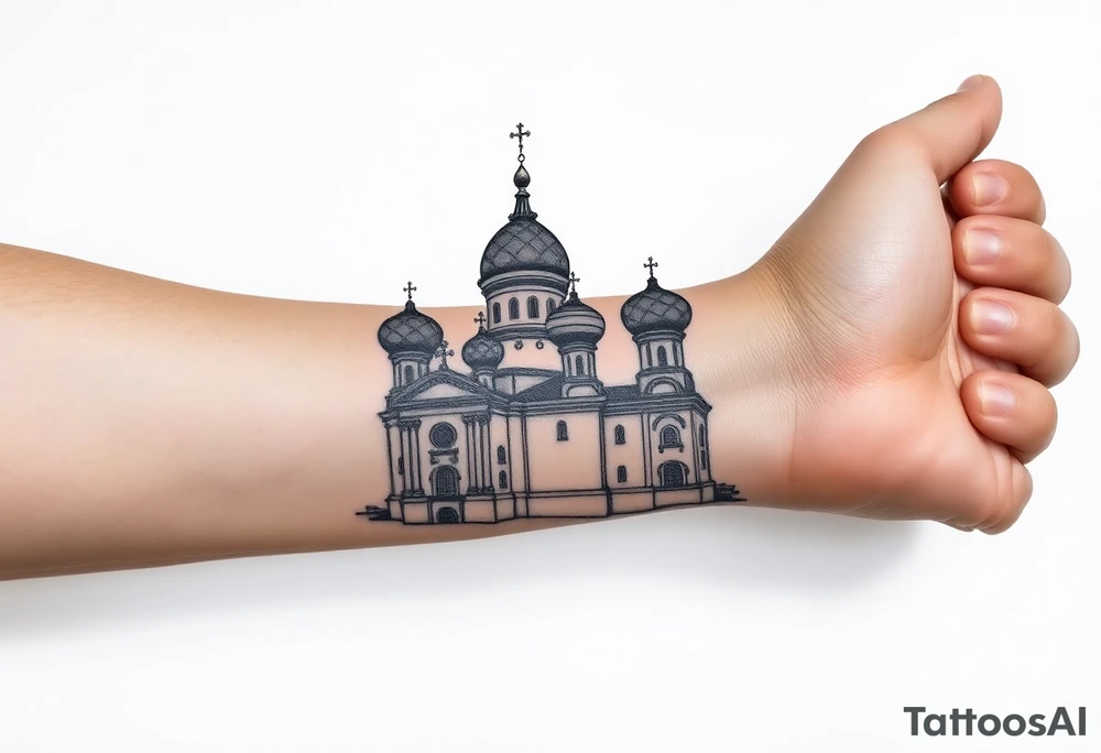 highly detailed Russian Orthodox cathedral sitting on fore arm with onion domes and orthodox crosses, done in fine line, engraving-like style. Cohesive composition, black ink only, no color, high contrast, slightly aged, documentary-style, plain light background. with clouds above it and a virgin mary over looking tattoo idea