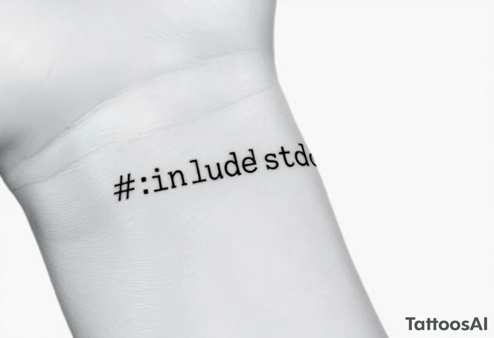 Minimalist black tattoo of the text "#include <stdio.h>" on a human wrist. Clean monospace font (programming style), thin lines, sharp and precise lettering. No colors, only solid black ink. Realistic skin texture, natural wrist curvature, subtle lighting. Simple and elegant composition, no additional elements or decorations. Focus on clarity and readability of the code text. tattoo idea