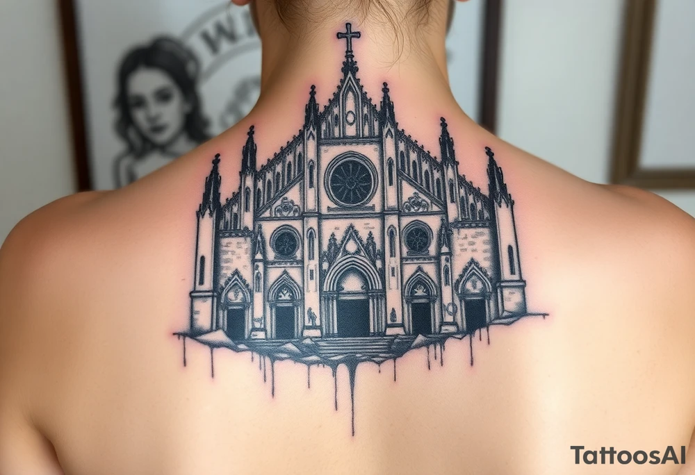 Milan Cathedral ruined and covered in graffiti, large tattoo, lower back area tattoo idea