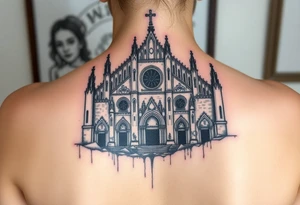 Milan Cathedral ruined and covered in graffiti, large tattoo, lower back area tattoo idea