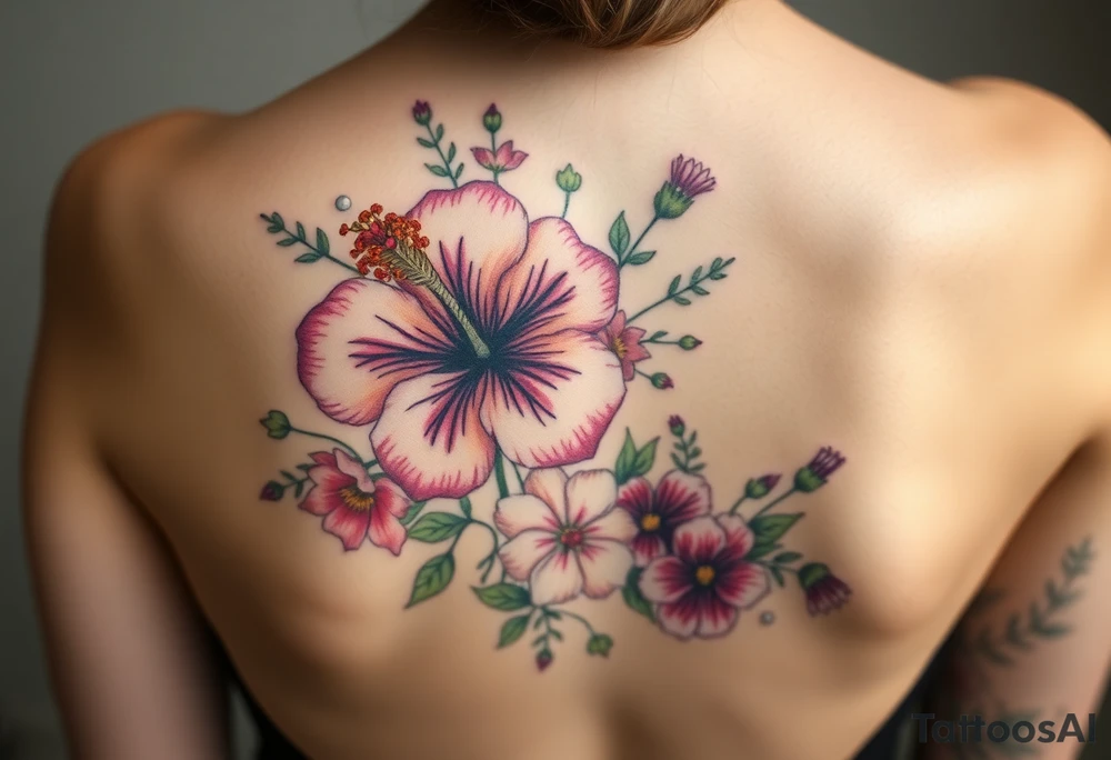 vintage bouquet of wild hibiscus
 and meadow flowers with morning dew and a fox tattoo idea
