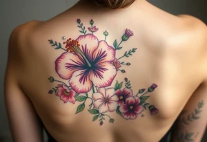 vintage bouquet of wild hibiscus
 and meadow flowers with morning dew and a fox tattoo idea