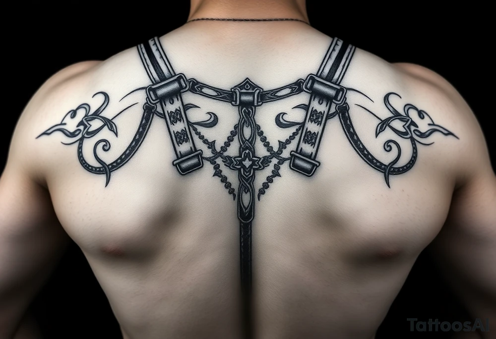 i want a tattoo that goes from the front to the back and and is similar to a harness. with connecting from my pecs to the back and also to my arms so they would be like the straps. i want to see the front and the back. i want it to be styled (the straps) like asian samoan type of pattern tattoo idea