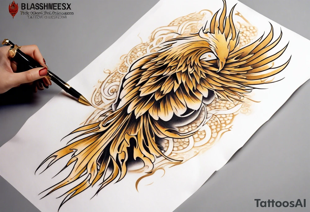 Sleeve tattoo on a woman's arm. Gold Phoenix tattoo idea