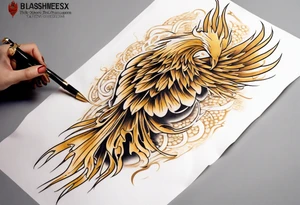 Sleeve tattoo on a woman's arm. Gold Phoenix tattoo idea