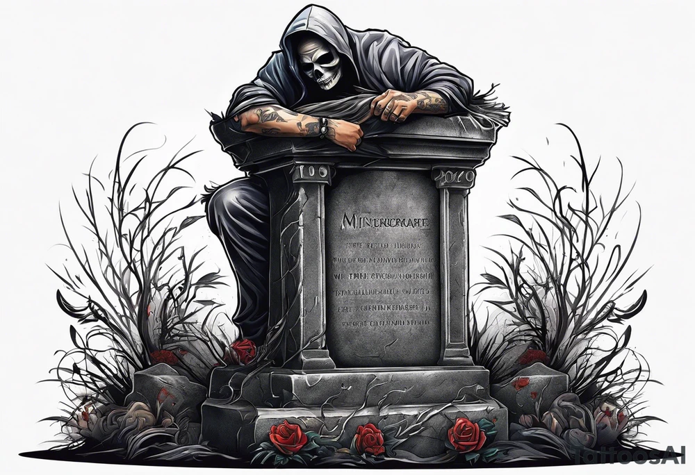Man crawling out of grave. 
MIW Reincarnate written on gravestone tattoo idea