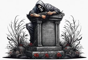 Man crawling out of grave. 
MIW Reincarnate written on gravestone tattoo idea