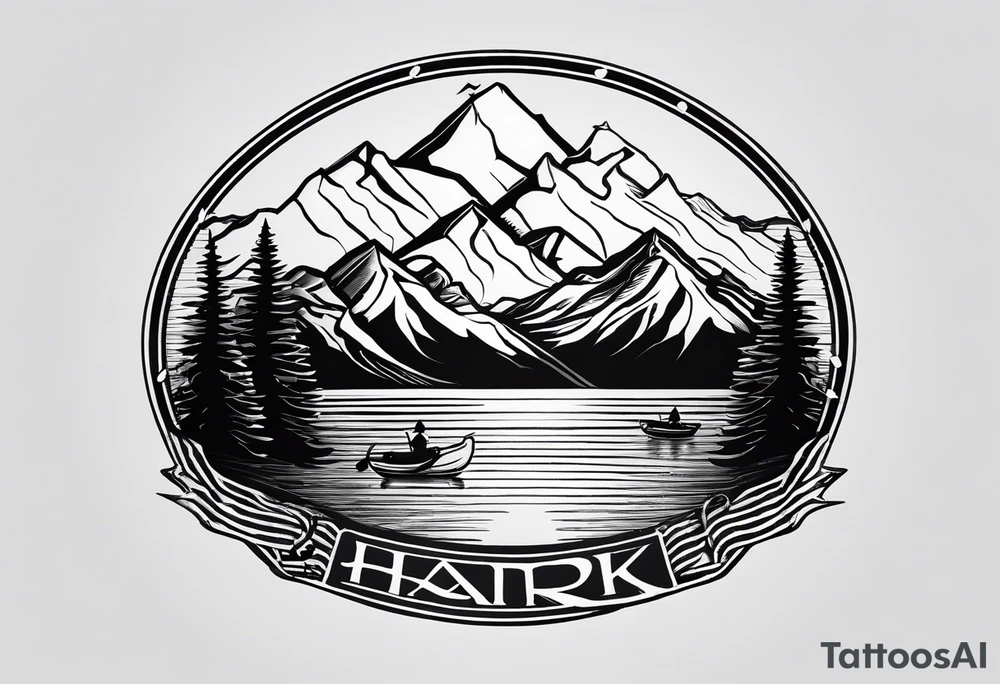 The word "HARK" as a banner with a mountain, a carabiner, compass, and a lake and pontoon in a circular design tattoo idea