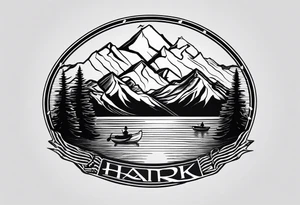 The word "HARK" as a banner with a mountain, a carabiner, compass, and a lake and pontoon in a circular design tattoo idea
