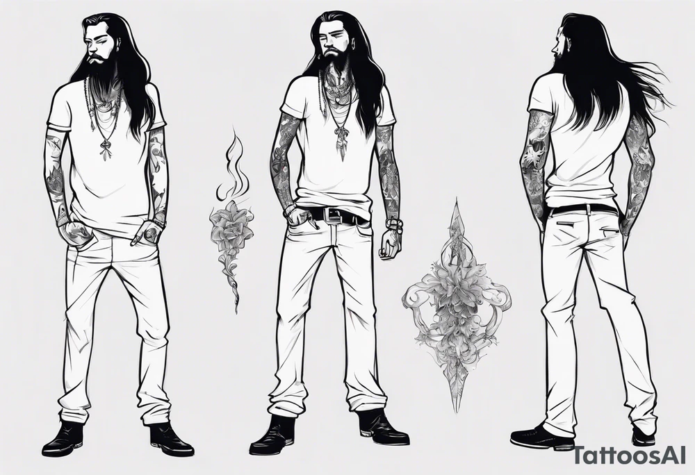 A man standing full-length, with long hair, smoking a cigarette, with earrings in his ears, no headgear tattoo idea