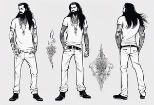 A man standing full-length, with long hair, smoking a cigarette, with earrings in his ears, no headgear tattoo idea