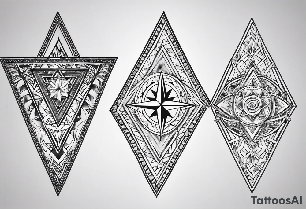 Fine line tattoo in the left forearm on the bottom side. The tattoo will have three shapes placed in a triangle formation. The top shape will be a either a plus sign or a heart that symbolizes health. The bottom left will have a compass rose or a shape symbol for purpose. The bottom right will have three circles placed in a triangle formation to symbolize family tattoo idea