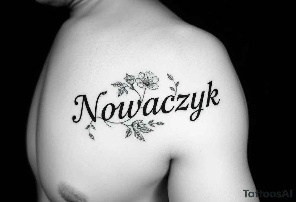 The word "Nowaczyk" with three flowers and vines on the lower tricep, medium size tattoo idea