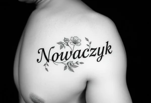 The word "Nowaczyk" with three flowers and vines on the lower tricep, medium size tattoo idea