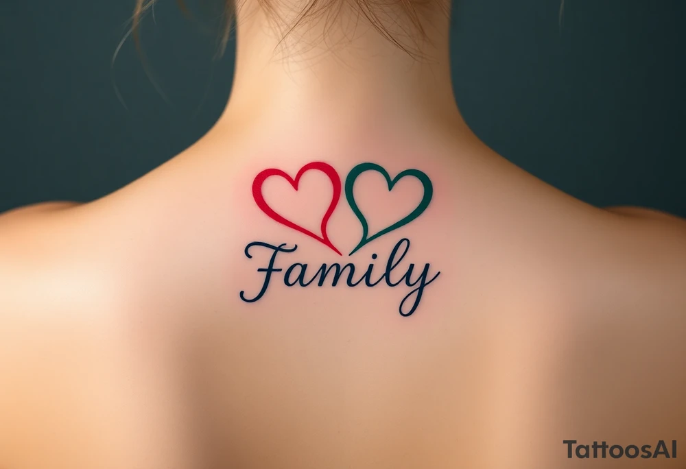 Colorful heart-shaped infinity loop endings, and the word "family" elegantly placed at the center in a soft script tattoo idea